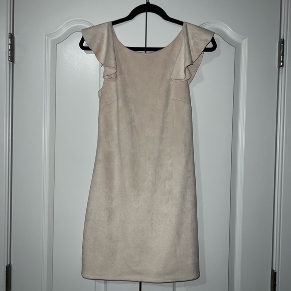 Backless Cream Suede Cocktail Dress w/ Ruffle Detail - Picture 6 of 7